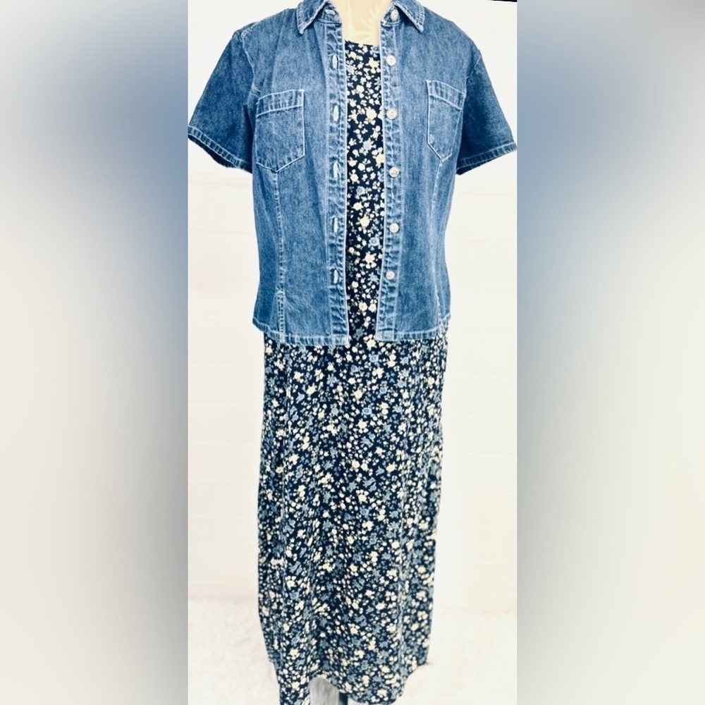 Vintage 90s Sleeveless Blue White Ditsy Floral Maxi Dress Denim Shirt Jacket M/L